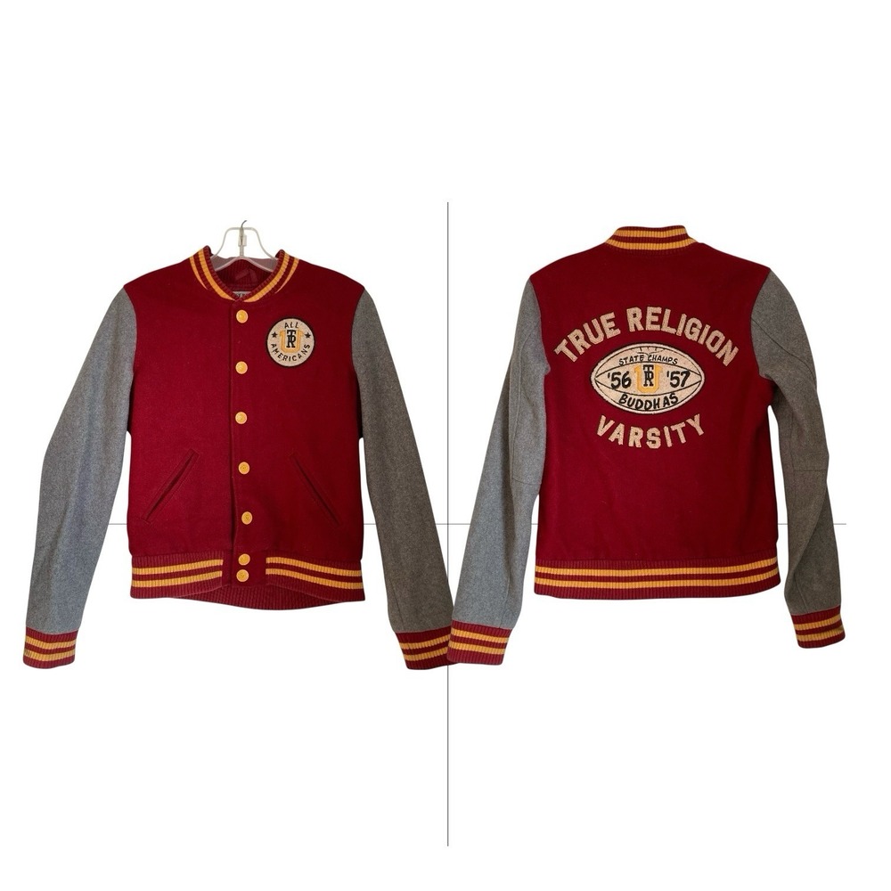 True Religion Varsity All American Bomber Jacket S Red Wool Full "Buddhas"